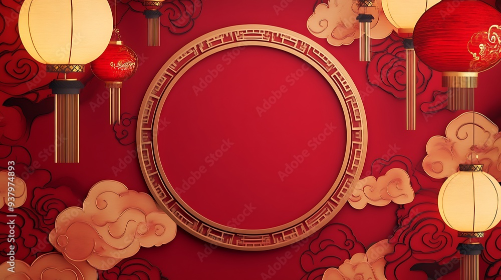 Decorative Chinese backdrop with a circular frame, lanterns, and festive clouds against a red background Decorative Chinese backdrop with a circular frame, lanterns, and festive clouds against a red background