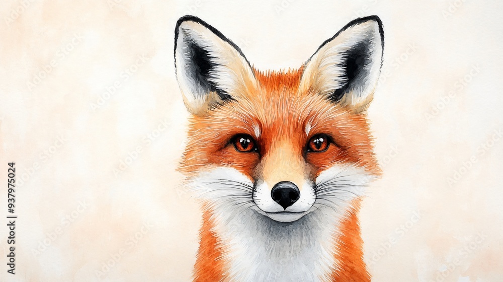 Fototapeta premium Red fox cub, a young, wild animal, with white fur and cute face, isolated against a dark background