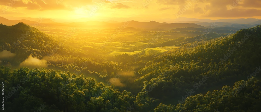 A serene rural landscape at sunrise with a golden sky, lush green meadow, and gentle fog surrounding a lone tree A serene rural landscape at sunrise with a golden sky, lush green meadow, and gentle fog surrounding a lone tree