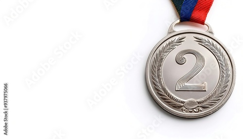 Silver 2nd place medal. isolated on white background with copy space. Second place finisher in a race, marathon or Olympic competition event