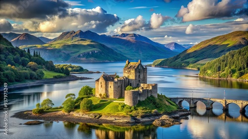 Majestic Eilean Donan Castle sits serenely on an island in Loch Duich, Scotland, surrounded by lush greenery and majestic mountains under a vibrant blue sky.