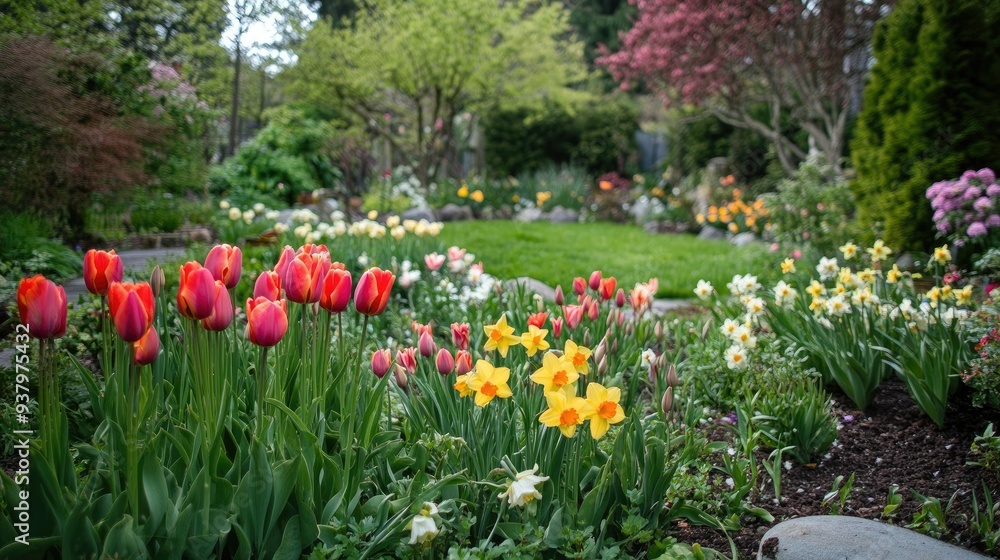 A vibrant garden with tulips and daffodils in full bloom, showcasing the rich colors of springtime A vibrant garden with tulips and daffodils in full bloom, showcasing the rich colors of springtime