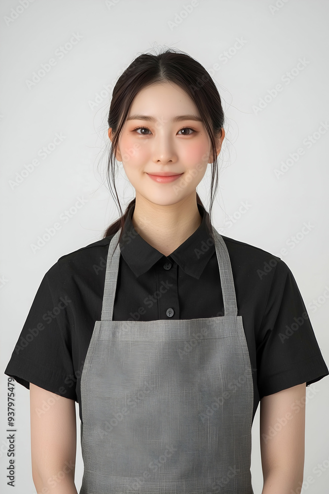 Smiling Young Barista in Black Uniform and Gray Apron with White Background Smiling Young Barista in Black Uniform and Gray Apron with White Background
