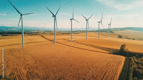 Five wind turbines in a row standing in a field with ripe wheat close up drone photo