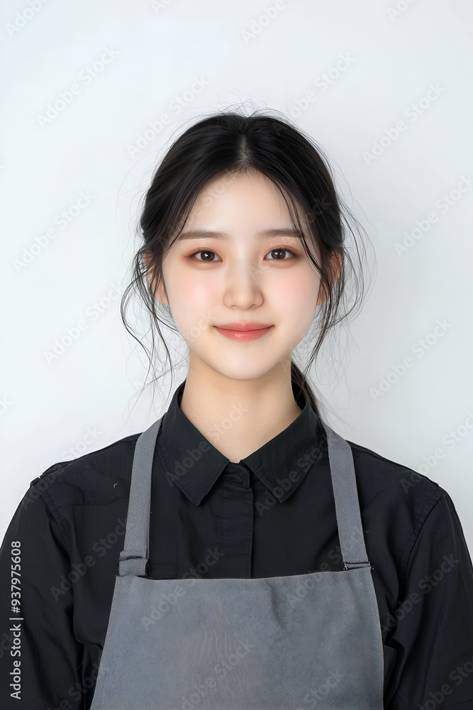 Smiling Young Barista in Black Uniform and Gray Apron with White Background Smiling Young Barista in Black Uniform and Gray Apron with White Background