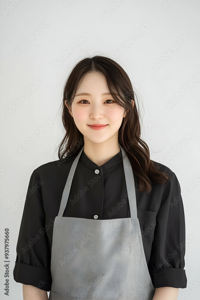 Smiling Young Barista in Black Uniform and Gray Apron with White Background Smiling Young Barista in Black Uniform and Gray Apron with White Background