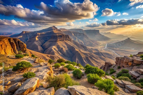 Majestic Jabal Samhan mountain range in Oman's Dhofar region, reaching 2,100 meters, serves as a nature reserve for the endangered Arabian leopard, offering breathtaking vistas and hiking trails. photo