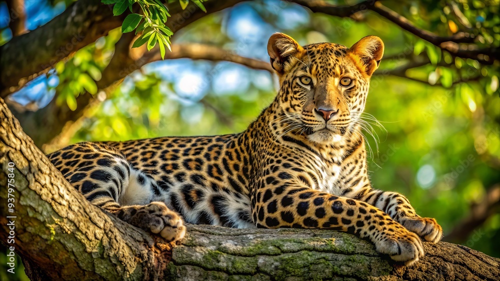 Majestic leopard lounges in a tree, its vibrant spotted fur blending with the dappled sunlight filtering through the lush green foliage of the African savannah. Majestic leopard lounges in a tree, its vibrant spotted fur blending with the dappled sunlight filtering through the lush green foliage of the African savannah.