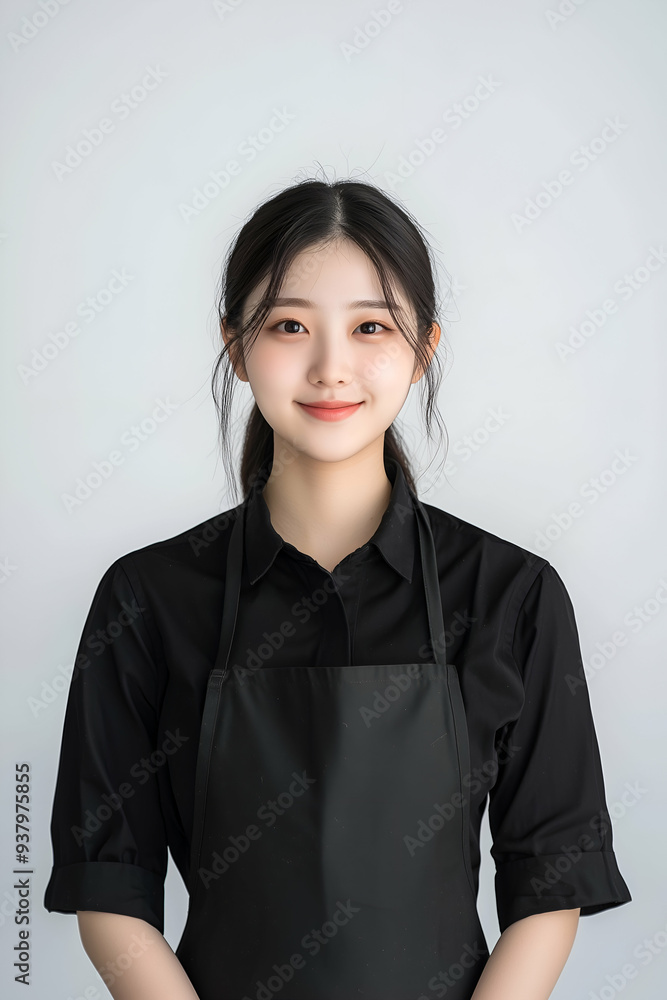 Smiling Young Barista in Black Uniform and Gray Apron with White Background Smiling Young Barista in Black Uniform and Gray Apron with White Background