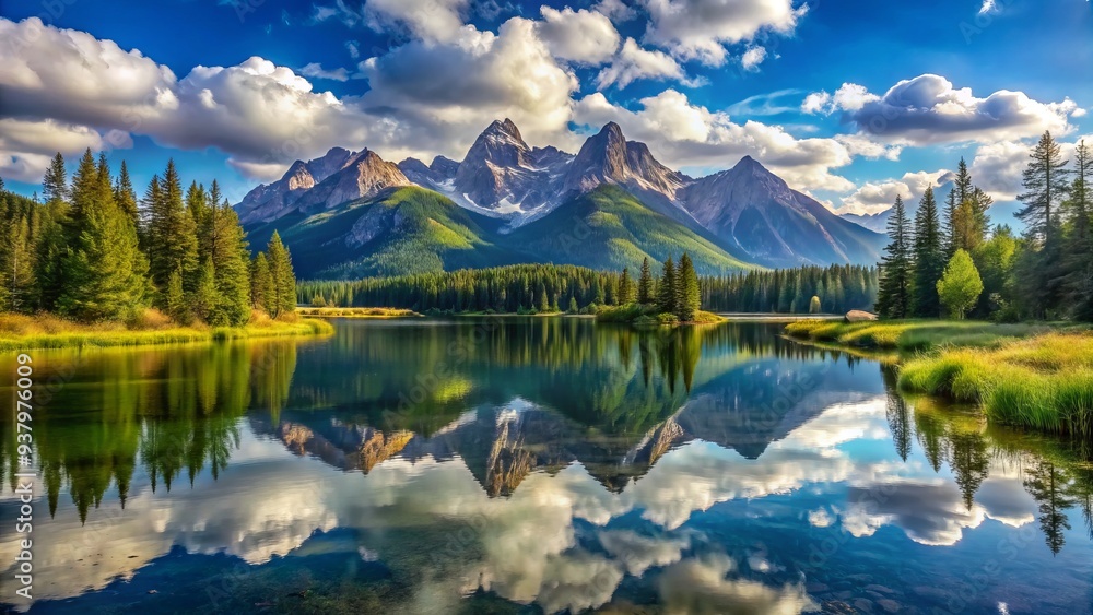Majestic mountain peaks touch the horizon, reflecting serenely in a tranquil lake, surrounded by lush greenery and winding trails, under a vast blue sky. Majestic mountain peaks touch the horizon, reflecting serenely in a tranquil lake, surrounded by lush greenery and winding trails, under a vast blue sky.