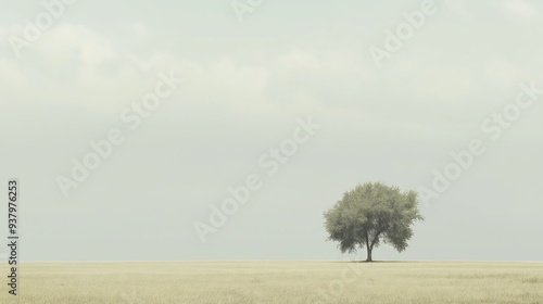 Solitary Tree in a Vast, Foggy Field 