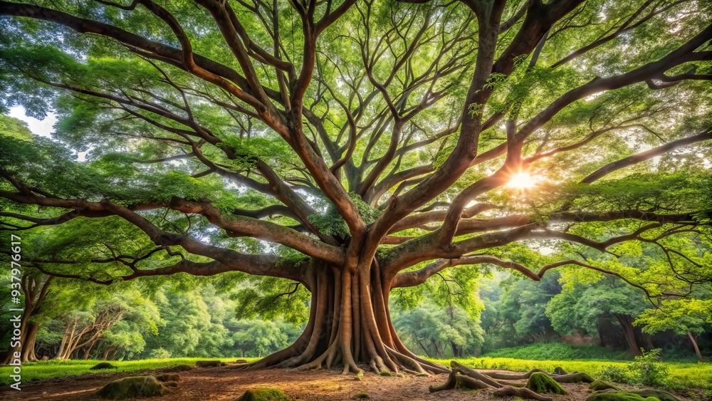 Obraz premium Majestic rosewood tree stands tall in a lush forest, its rich brown trunk and branches adorned with vibrant green leaves, exuding serenity and beauty.