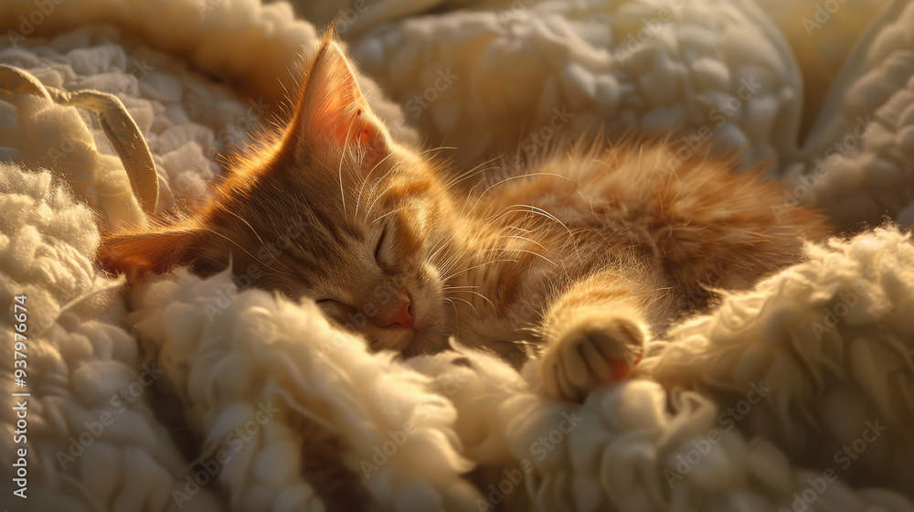 A heartwarming scene of a sleepy kitten nuzzled into a soft, fluffy white blanket, its paws gently crossed in front of it A heartwarming scene of a sleepy kitten nuzzled into a soft, fluffy white blanket, its paws gently crossed in front of it