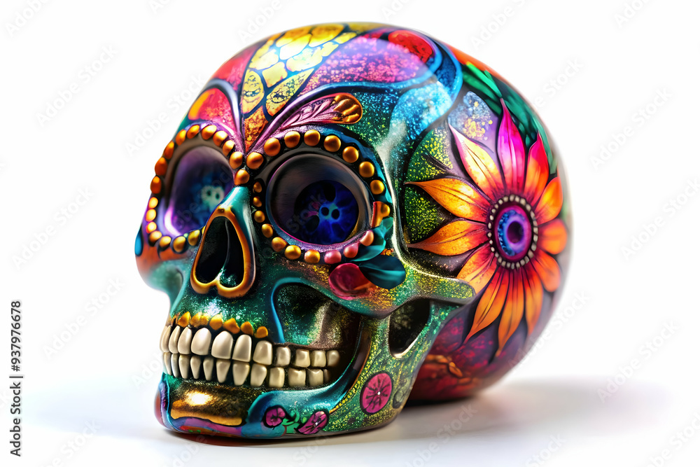 Glossy Calavera with Holographic Cempas chil concept as Close up of a glossy calavera surrounded by holographic cempas chil flowers isolated on a white background offering a colorful and modern Dia de Glossy Calavera with Holographic Cempas chil concept as Close up of a glossy calavera surrounded by holographic cempas chil flowers isolated on a white background offering a colorful and modern Dia de