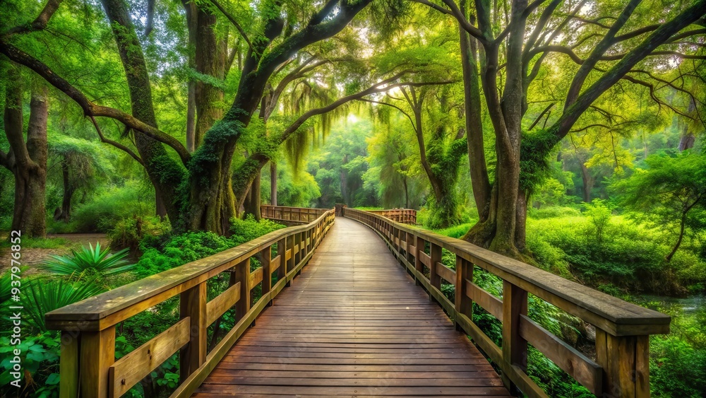 Majestic serenity unfolds as a weathered wooden walkway meanders peacefully through a vibrant tapestry of lush green foliage and towering trees in harmony. Majestic serenity unfolds as a weathered wooden walkway meanders peacefully through a vibrant tapestry of lush green foliage and towering trees in harmony.