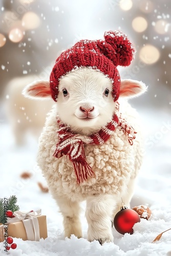 A charming lamb wearing a red hat and scarf in a snowy winter setting, surrounded by festive decorations and gifts. photo