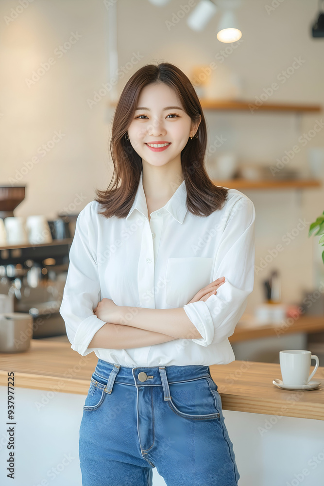 Smiling Young Woman in Casual Outfit Standing in Modern Cafe with Folded Arms Smiling Young Woman in Casual Outfit Standing in Modern Cafe with Folded Arms