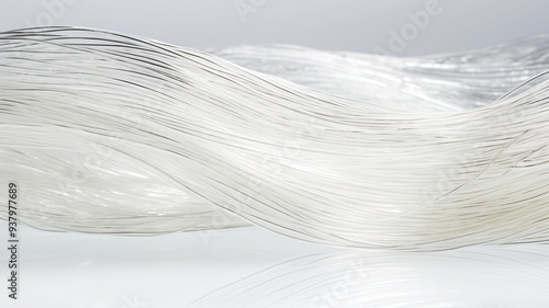 A close-up view of fiberglass strands with their unique texture and reflective properties, isolated on a bright white surface.