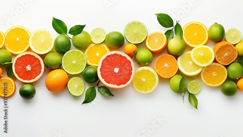 A colorful display of various citrus fruits--lemons, limes, and oranges--arranged in an appealing pattern on a white backdrop.