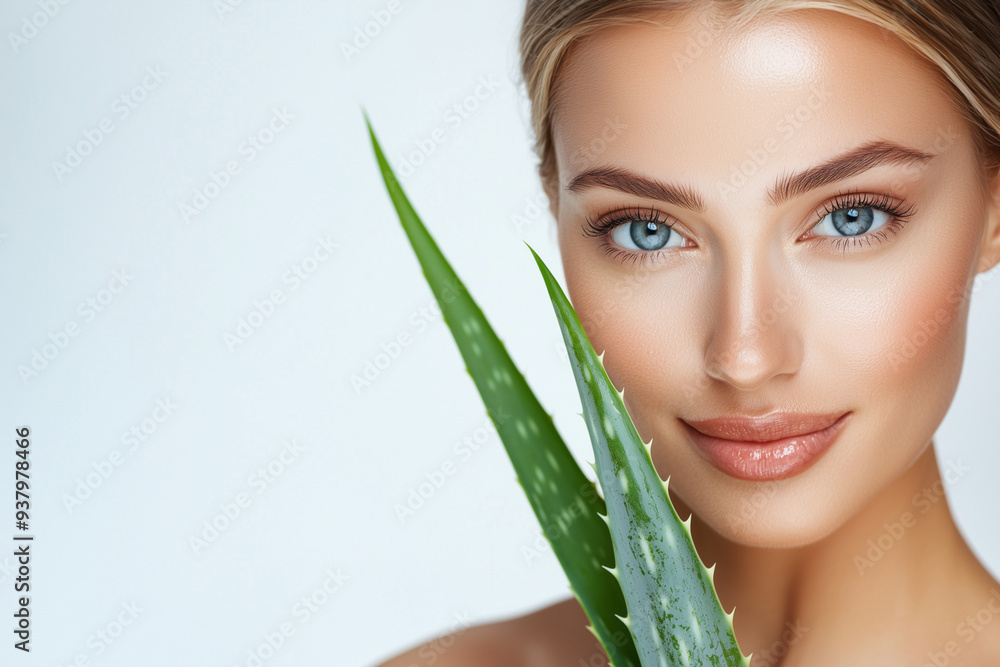 Naklejka premium Woman with moisturized skin against the background of aloe Vera leaves, sale cosmetic products , organic plant soothes, regenerates and rejuvenates the skin, care for youth every day