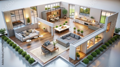 Modern 3D illustration of a spacious home floor plan with clean lines, minimalist decor, and an open-concept living area filled with natural light.