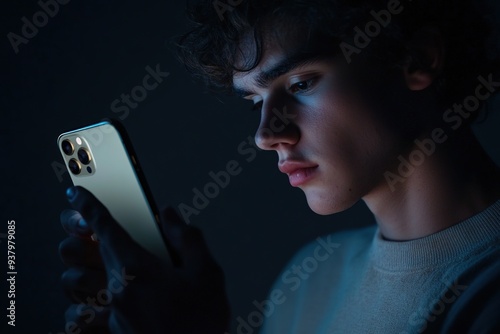 Man illuminated by smartphone screen in dark room