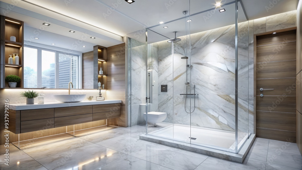 Modern bathroom features a sleek, frameless glass shower enclosure with chrome fixtures and a rainfall showerhead, surrounded by white marble and subtle LED lighting.