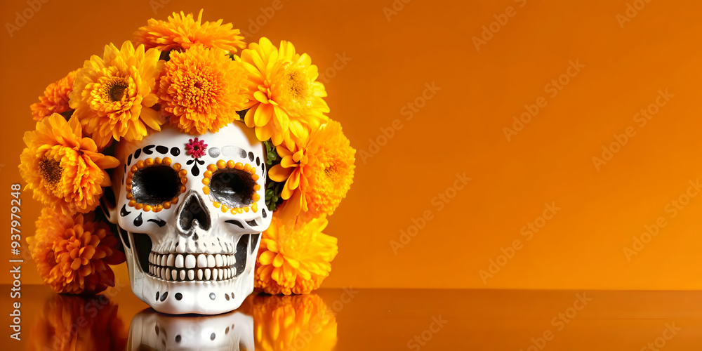 Glossy Sugar Skull with Reflective Marigolds concept as A close up of a glossy sugar skull surrounded by reflective marigolds set against a dark glossy background. The image emphasizes the vibrant and Glossy Sugar Skull with Reflective Marigolds concept as A close up of a glossy sugar skull surrounded by reflective marigolds set against a dark glossy background. The image emphasizes the vibrant and