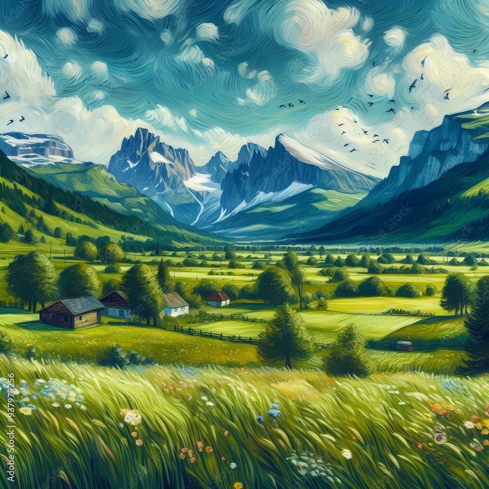 A beautiful lush green grass landscape with tree and mountain, flying birds in blue sky, panoramic, painting art A beautiful lush green grass landscape with tree and mountain, flying birds in blue sky, panoramic, painting art