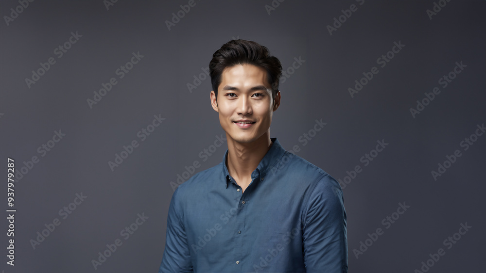 Confident and charismatic Korean man with a warm smile and natural beauty. Brunette hair and flawless skin complement his captivating gaze. Studio shot with copy space, perfect for beauty and fashion Confident and charismatic Korean man with a warm smile and natural beauty. Brunette hair and flawless skin complement his captivating gaze. Studio shot with copy space, perfect for beauty and fashion