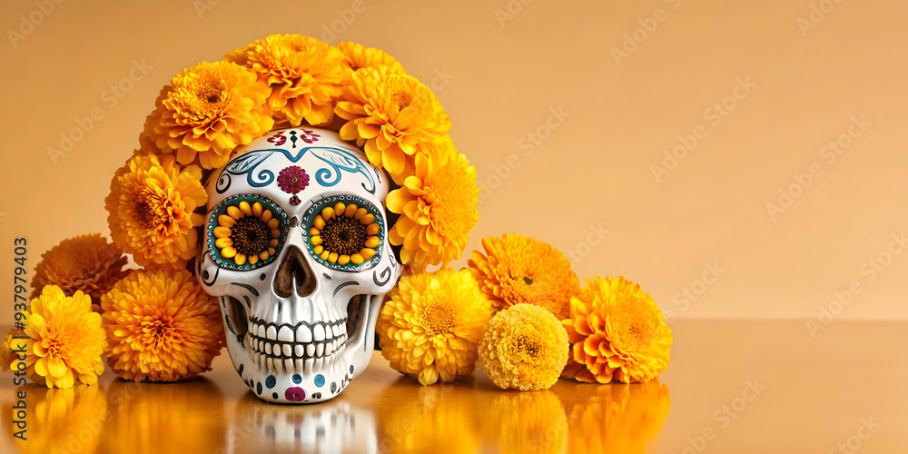 Glossy Sugar Skull with Reflective Marigolds concept as A close up of a glossy sugar skull surrounded by reflective marigolds set against a dark glossy background. The image emphasizes the vibrant and Glossy Sugar Skull with Reflective Marigolds concept as A close up of a glossy sugar skull surrounded by reflective marigolds set against a dark glossy background. The image emphasizes the vibrant and