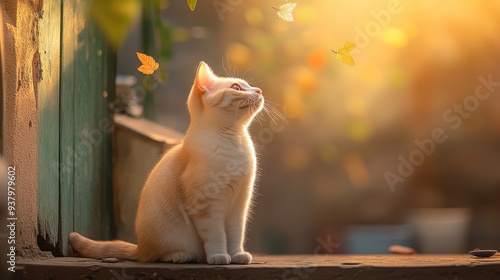 Cute fat cat sitting lonely Looking at the view from the wall of the house There are trees and roads in the background.