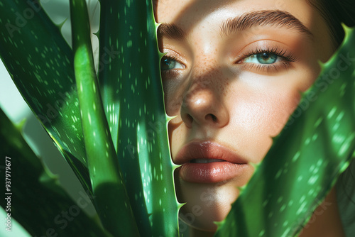 Woman with moisturized skin against the background of aloe Vera leaves, sale cosmetic products , organic plant soothes, regenerates and rejuvenates the skin, care for youth every day photo