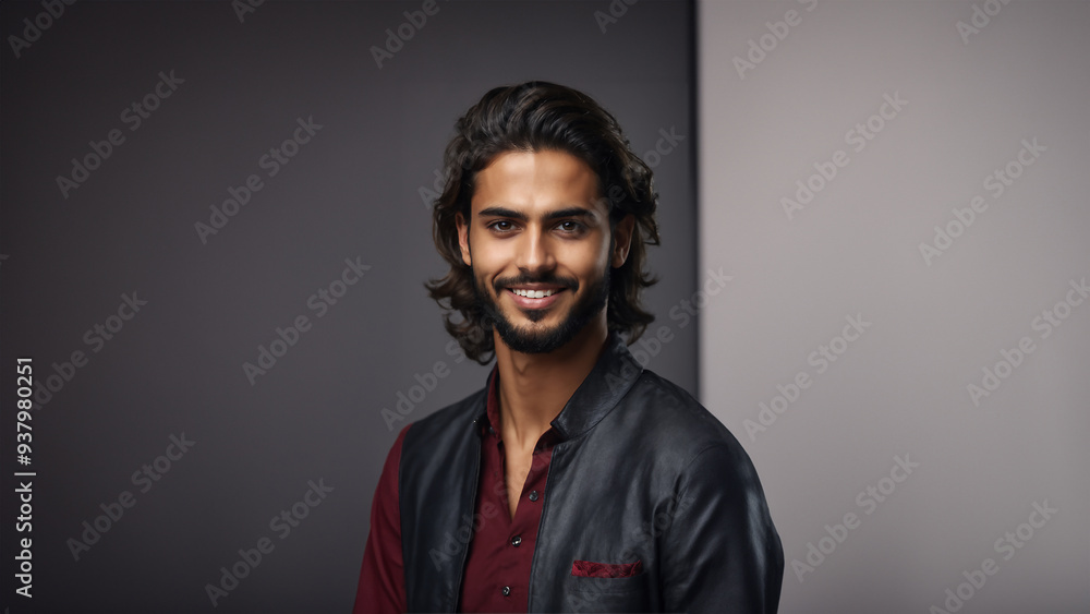 Radiant young Saudi Arabian man with flawless skin and natural beauty. Brunette with neat hair and a warm smile, gazing confidently at camera Radiant young Saudi Arabian man with flawless skin and natural beauty. Brunette with neat hair and a warm smile, gazing confidently at camera