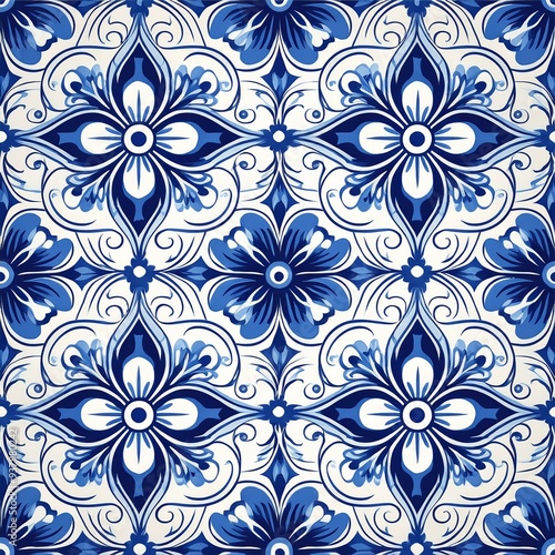 Seamless pattern in Dutch delft blue and white traditional hand painted