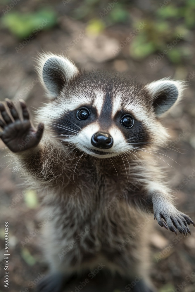 Young raccoon waving its paw in a friendly gesture. Young raccoon waving its paw in a friendly gesture.