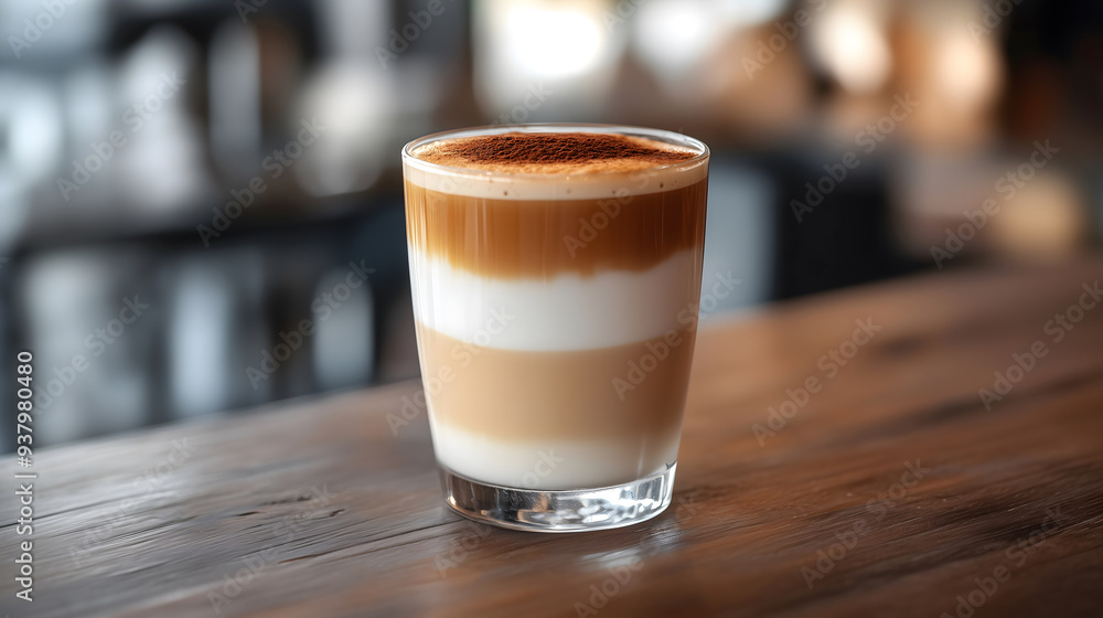 A beautifully layered latte macchiato served in a clear glass, placed on a wooden table with a blurred cafe background.
A beautifully layered latte macchiato served in a clear glass, placed on a wooden table with a blurred cafe background.