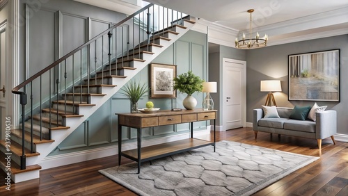 Modern interior with chic console table, stylish rug, and sleek banister leading to bright living area, showcasing elegant design and functionality. photo