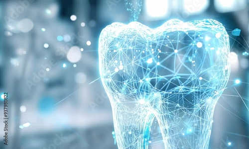 Video of a Futuristic dental technology concept, digital tooth hologram with data network connections. Advanced oral care, innovation in dentistry