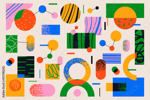 Fun colorful abstract background with geometry figure. Simple playful design with hand drawn overlay shapes