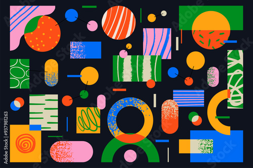 Fun colorful abstract background with geometry figure. Simple playful design with hand drawn overlay shapes