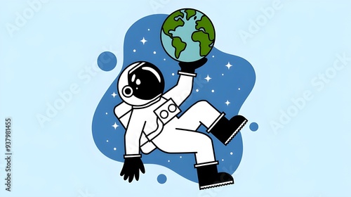 Cute Astronaut Playing with Earth Ball - Space Cartoon Vector Illustration photo