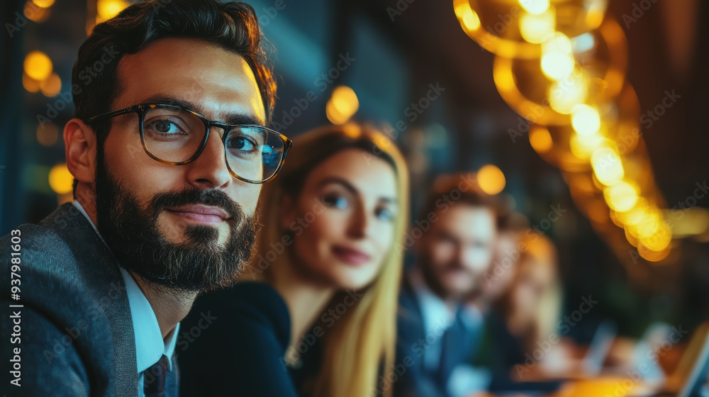 Obraz premium A group of professionals engaged in conversation at a stylish evening event, showcasing collaboration and modern networking.