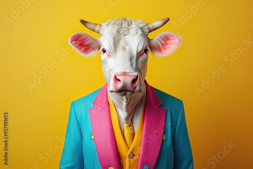 Cow in suit against yellow backdrop posing like human.