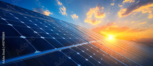 Renewable energy production concept with blue solar panels on residential roofs for clean electricity, Ai