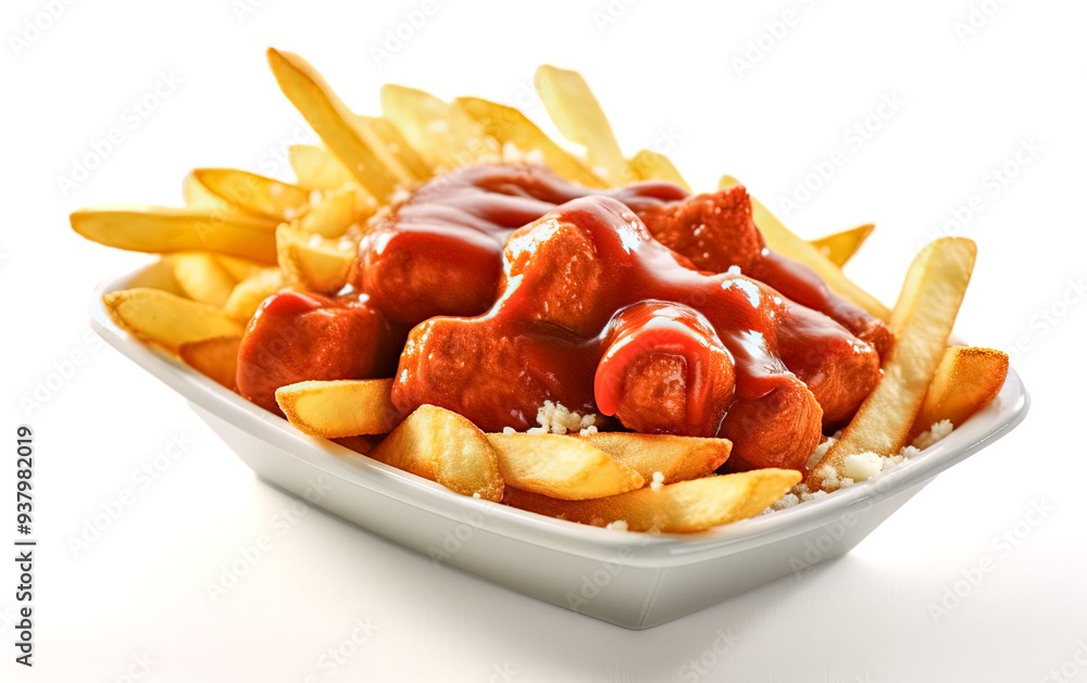 Leckere Currywurst mit Pommes, freigestellt vor weissem Hintergrund, Generative AI