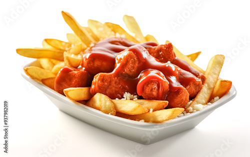 Obraz na płótnie Leckere Currywurst mit Pommes, freigestellt vor weissem Hintergrund, Generative AI w salonie