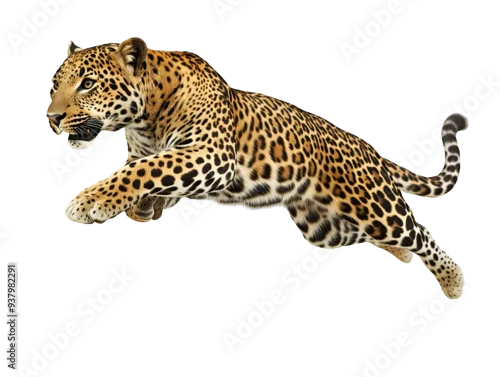 Fototapeta samoprzylepna photo of a leopard floating mid-air on isolated background
