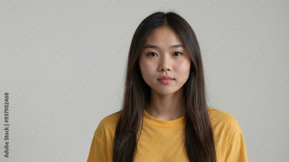 Obraz premium teen stunning brunette east asian woman with yellow shirt model portrait standing straight on a plain white background for ad concept space for text