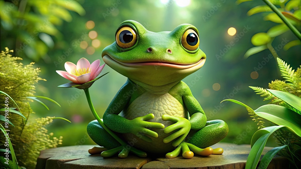 A bright green amphibian puppet with a kind expression and endearing eyes holds a lily pad, surrounded by lush green foliage in a serene environment. A bright green amphibian puppet with a kind expression and endearing eyes holds a lily pad, surrounded by lush green foliage in a serene environment.